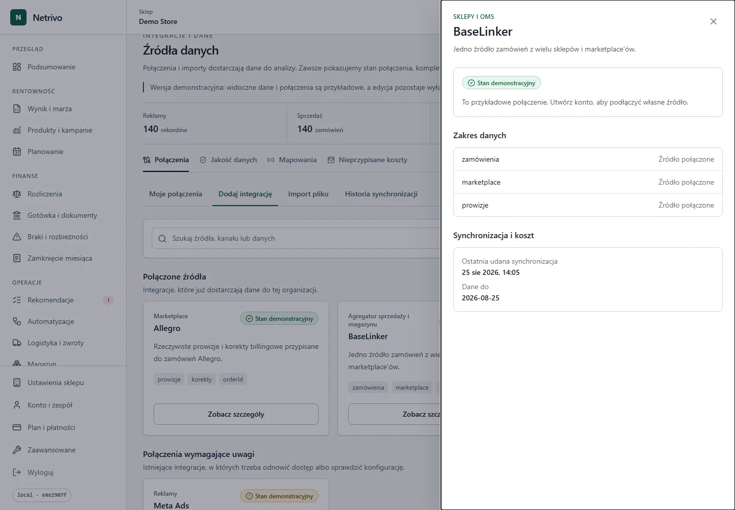 Szczegóły konfiguracji BaseLinker i serwerowego testu tokena.