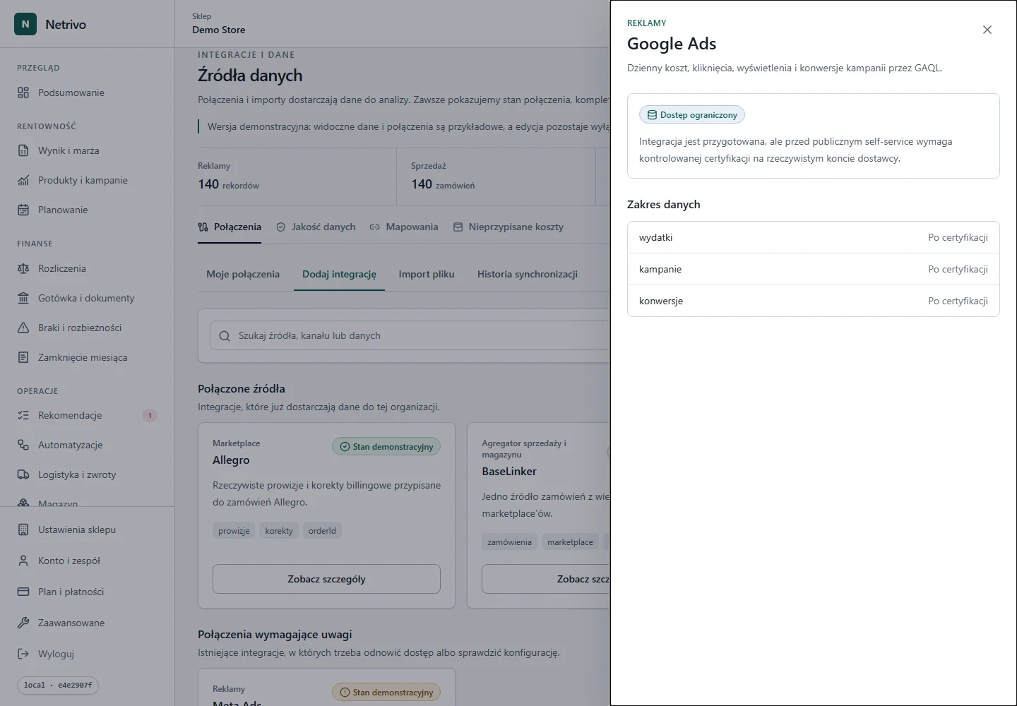Panel konfiguracji Google Ads w Netrivo bez widocznych sekretów.