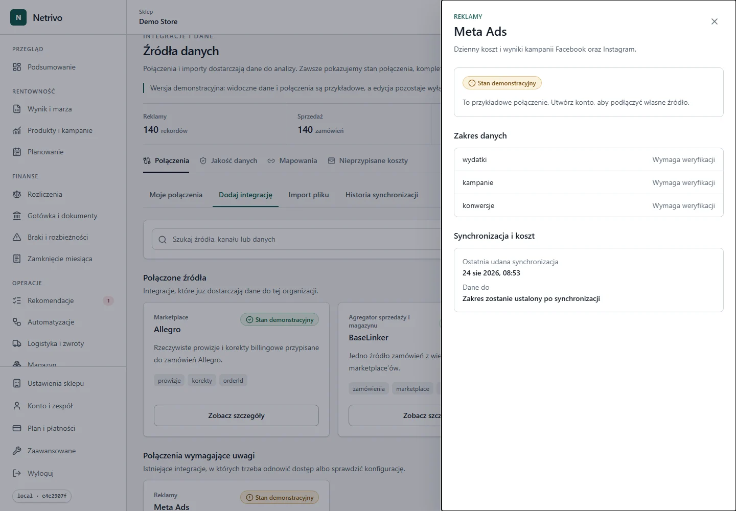 Szczegóły połączenia Meta Ads w katalogu Netrivo.