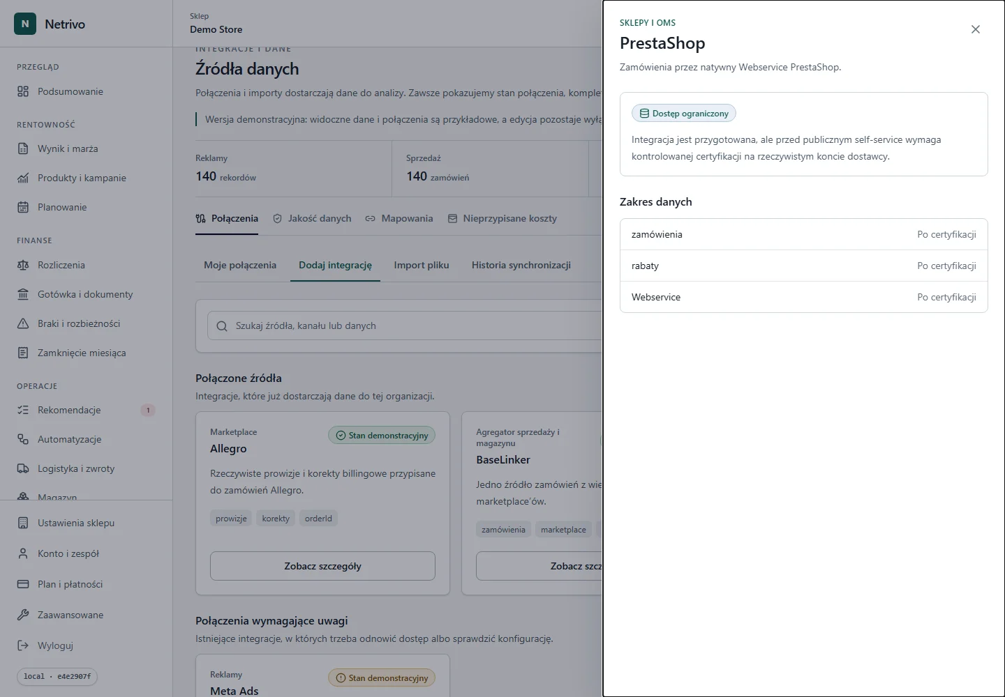 PrestaShop configuration details in Netrivo.