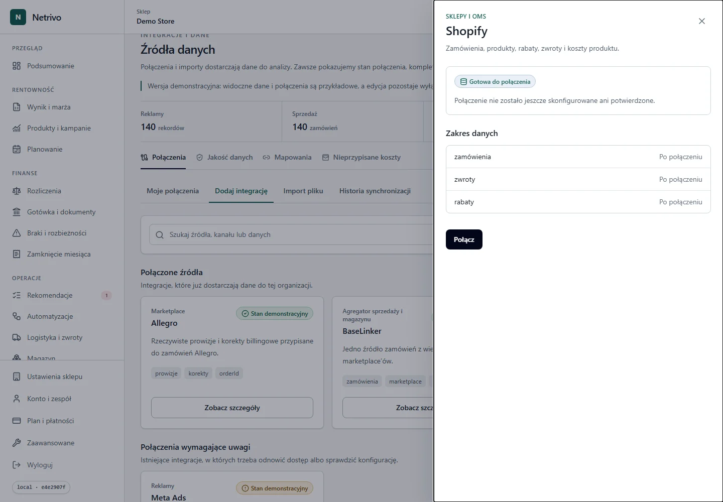 Formularz połączenia Shopify z domeną sklepu i ukrytym tokenem.
